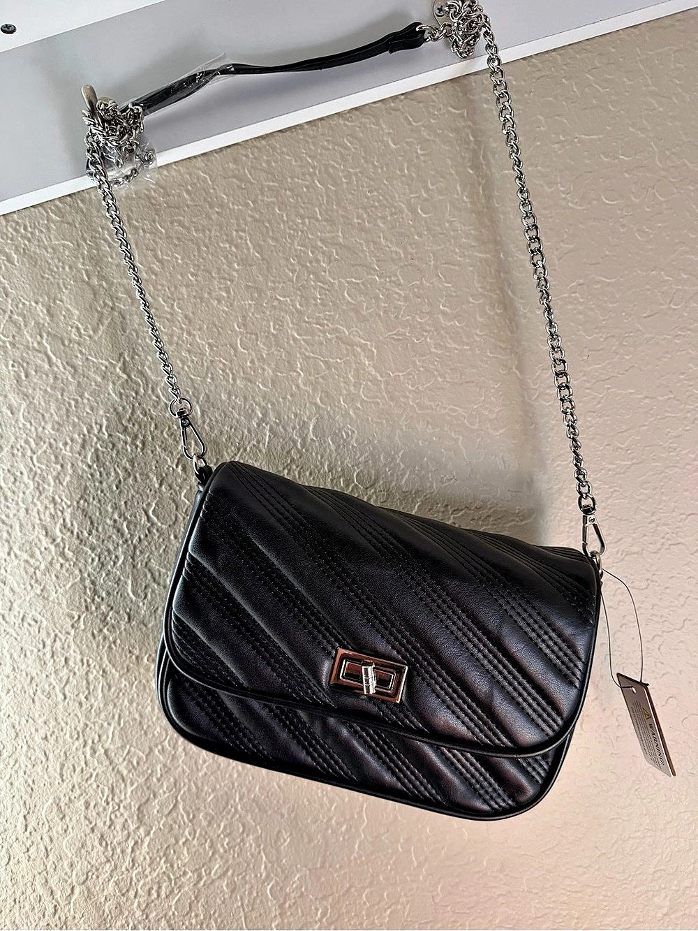 A New Day Quilted Turn Lock & Chain Crossbody Bag Black